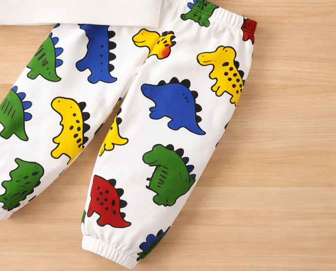 Boy's Light Winter Cotton Dino AOP Printed Sweatshirt With Jogger Set - White