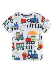 Boy's 2-Pack Apple & Train Print T-Shirts