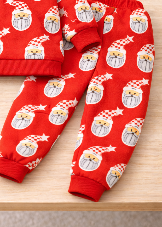 Boy's Cotton Fleece Winter Full Sleeves All Over Sant Printed Sweatshirt & Joggers Set - Red