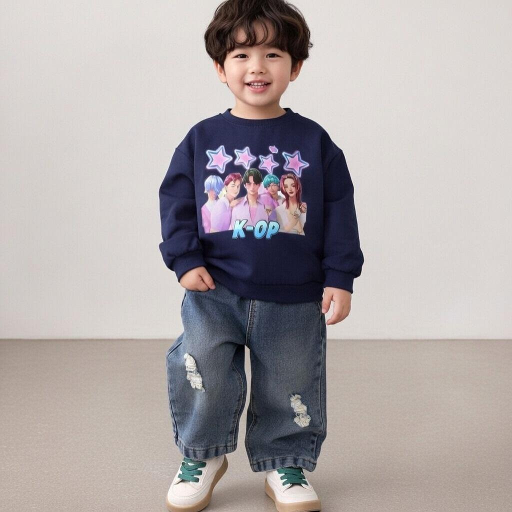 Girl's Cotton K-Pop Printed Sweatshirt With Jeans Set - Navy
