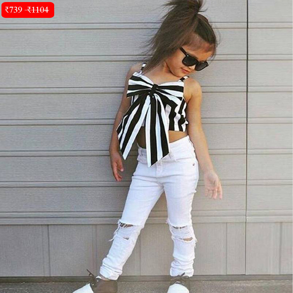 Girl's Black & White Top & Ripped Jeans Set
