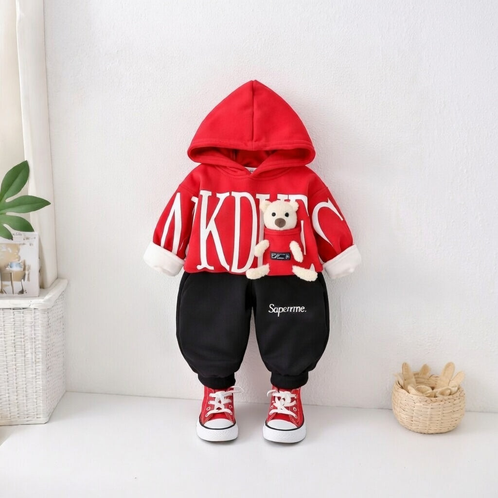 Boy's Cotton Text & Teddy Sweatshirt With Joggers Set - Yellow & Red