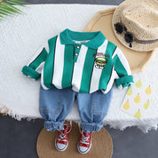 Boy's Cotton Text & Stripes Printed Sweatshirt With Joggers Set - Orange & Green