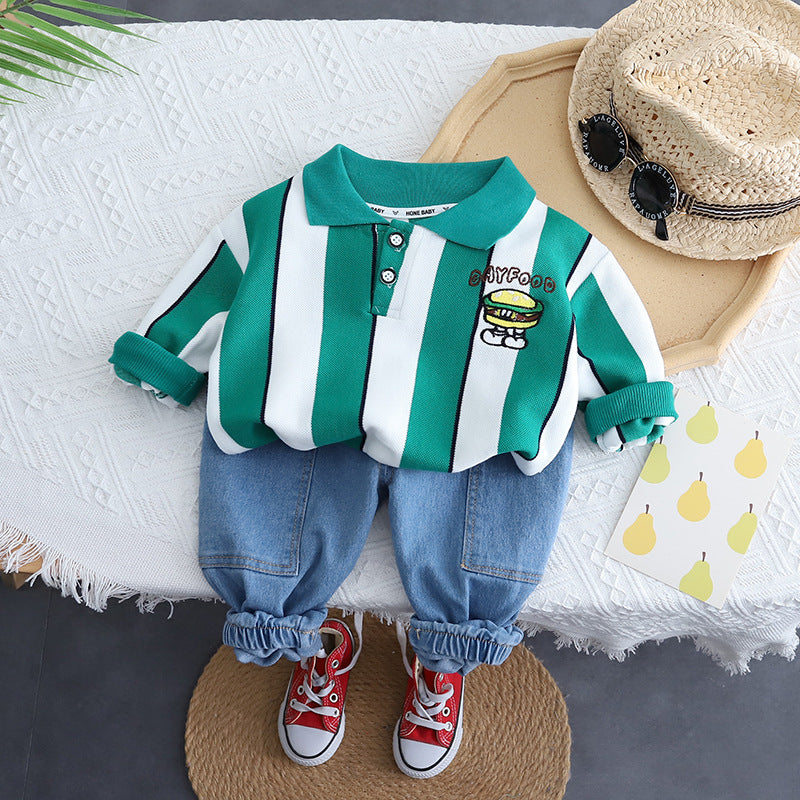 Boy's Cotton Text & Stripes Printed Sweatshirt With Joggers Set - Orange & Green