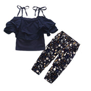 Girl's Blue Off-Shoulder Top & Leggings Set