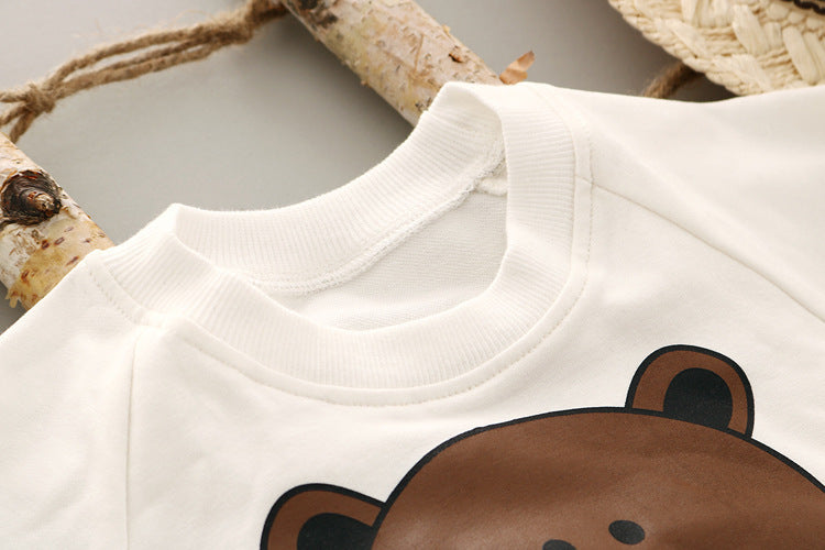 Boy's White Teddy Print Full-Sleeve T-Shirt & Pants Set