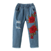 Girl's White Top & Floral Jeans Set
