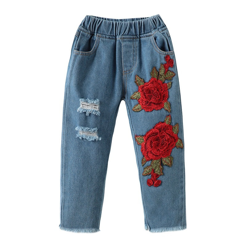 Girl's White Top & Floral Jeans Set