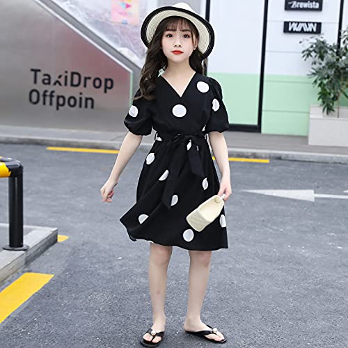 Girl's Black Polka Dot Knee-Length Dress