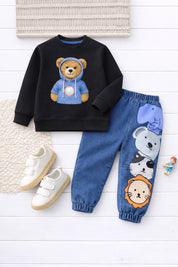 Boy's Cotton Teddy Printed Sweatshirt With Joggers Set - Black