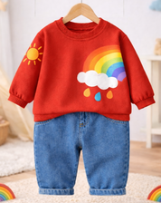 Boy's Cotton Rainbow Printed Sweatshirt With Joggers Set - Red & Blue
