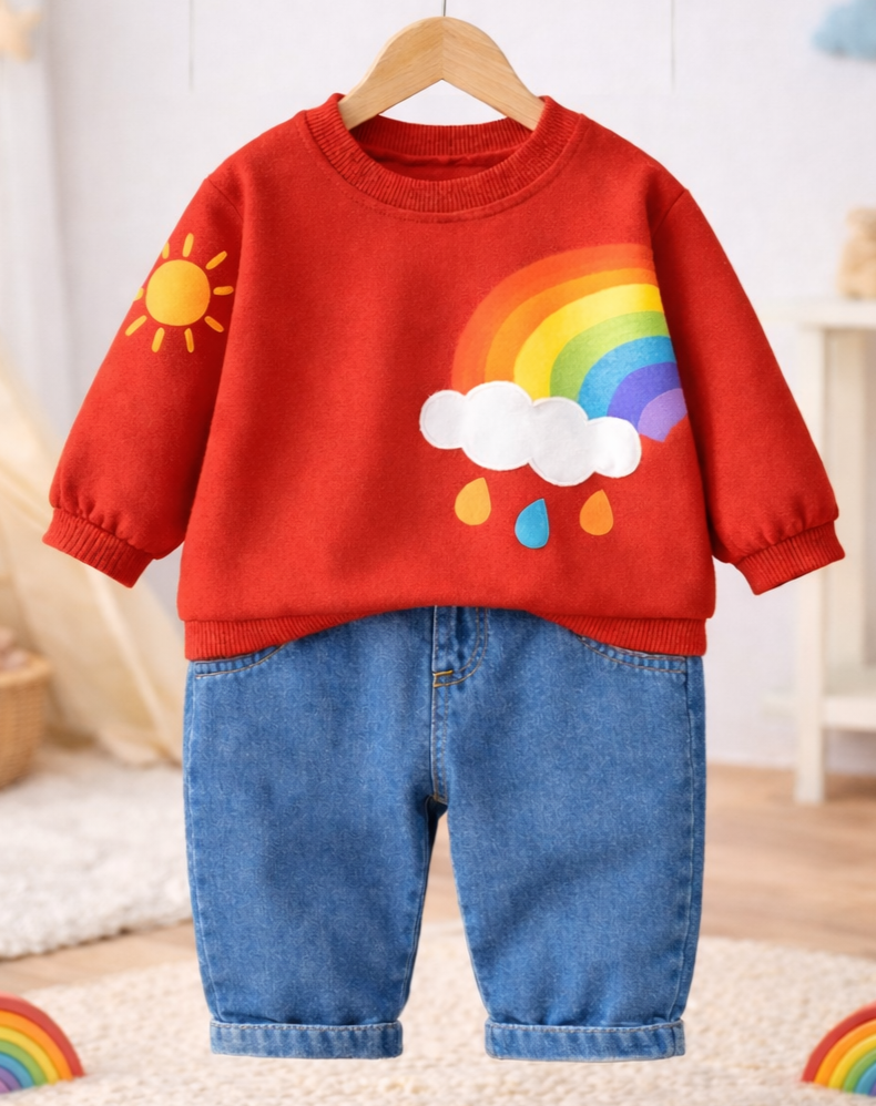 Boy's Cotton Rainbow Printed Sweatshirt With Joggers Set - Red & Blue