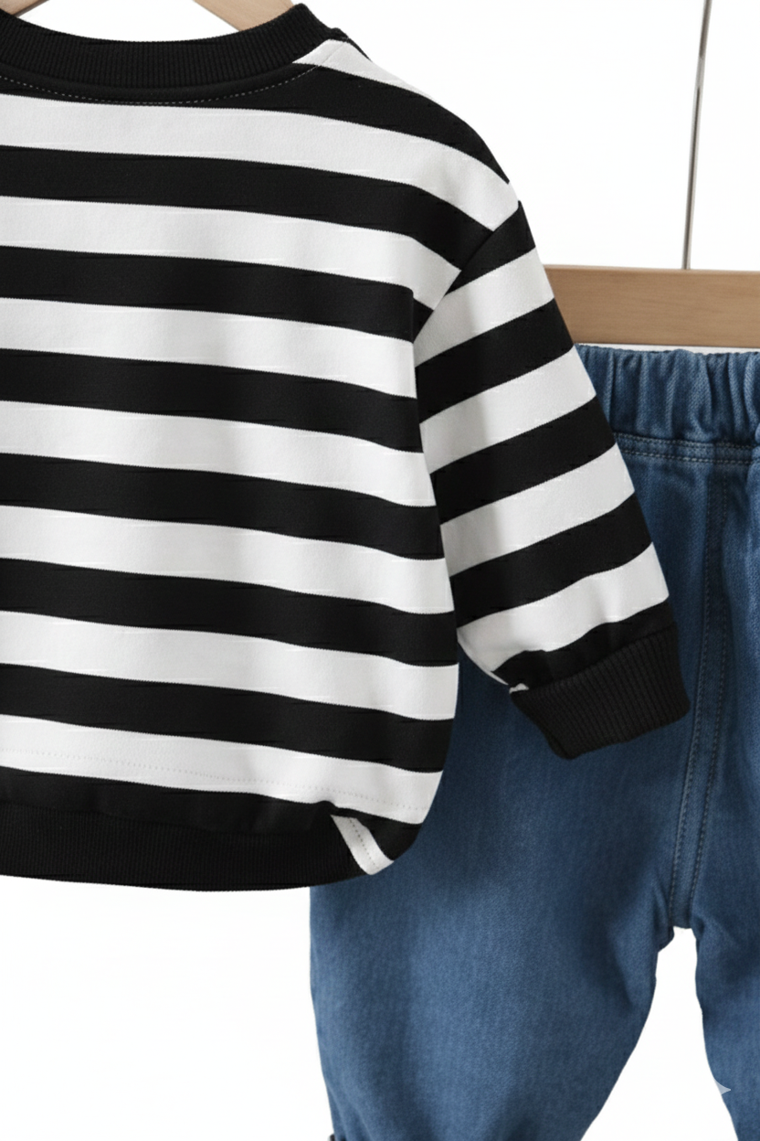 Boy's Cotton Loop Knit Winter Full Sleeves Teddy Embroidered Sweatshirt & Denim Pant Set - Black