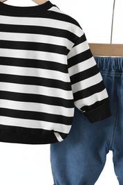 Boy's Cotton Loop Knit Winter Full Sleeves Teddy Embroidered Sweatshirt & Denim Pant Set - Black