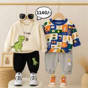 Boys Light Winter Light Winter Cotton Winter Wear Pack of 2 Outfits - Cream Dino & Blue AOP Printed