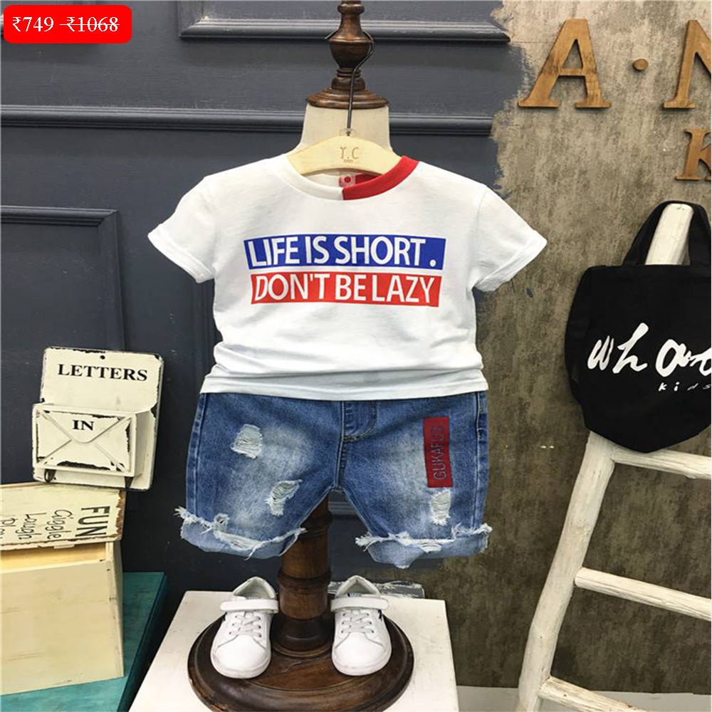 Boy's White Half-Sleeve T-Shirt & Denim Shorts Set