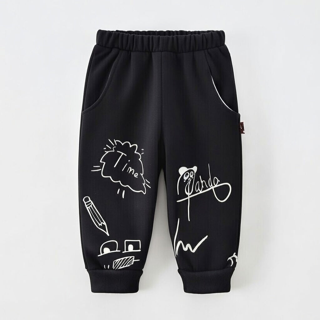 Boy's Cotton Winter Full Sleeves Black Stoned Printed Sweatshirt & Jogger Pant Set - Black
