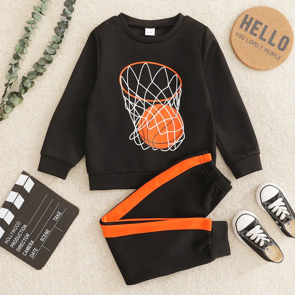 Boy's Black Basketball Print Sweatshirt & Pants Set