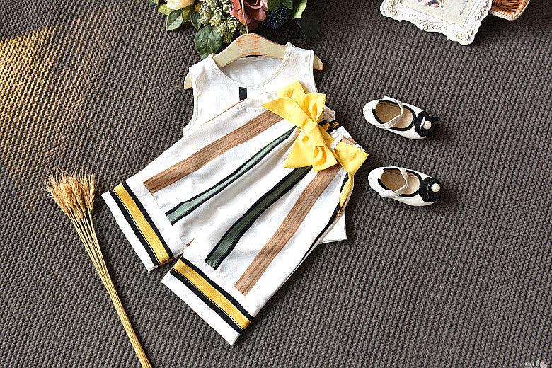 Girl's White Bow Top & Striped Palazzo Set