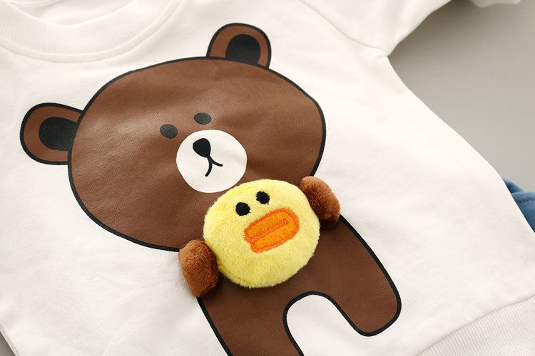 Boy's White Teddy Print Full-Sleeve T-Shirt & Pants Set