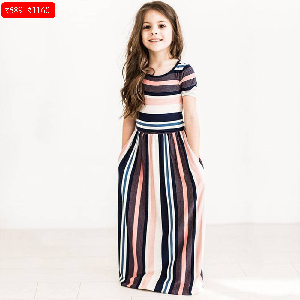 Girls PolyCotton Striped Long Dress in MultiColor