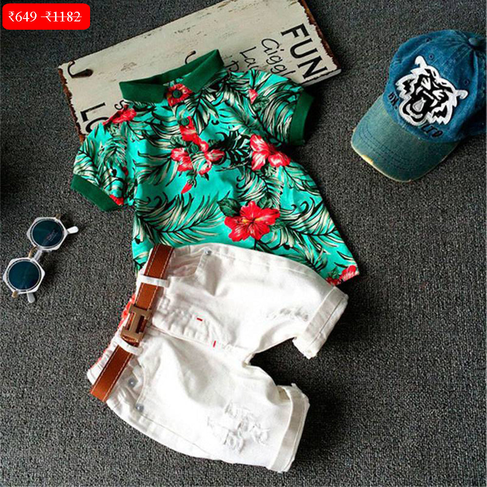 Boy's Green Half-Sleeve T-Shirt & White Shorts Set