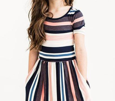 Girls PolyCotton Striped Long Dress in MultiColor