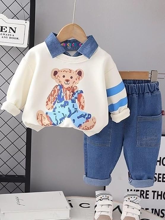 Boys Cotton Full Sleeves Sweatshirts & Joggers Set Pack Of 2 - Dino & Teddy Printed