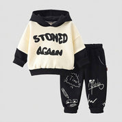 Boy's Cotton Winter Full Sleeves Black Stoned Printed Sweatshirt & Jogger Pant Set - Black
