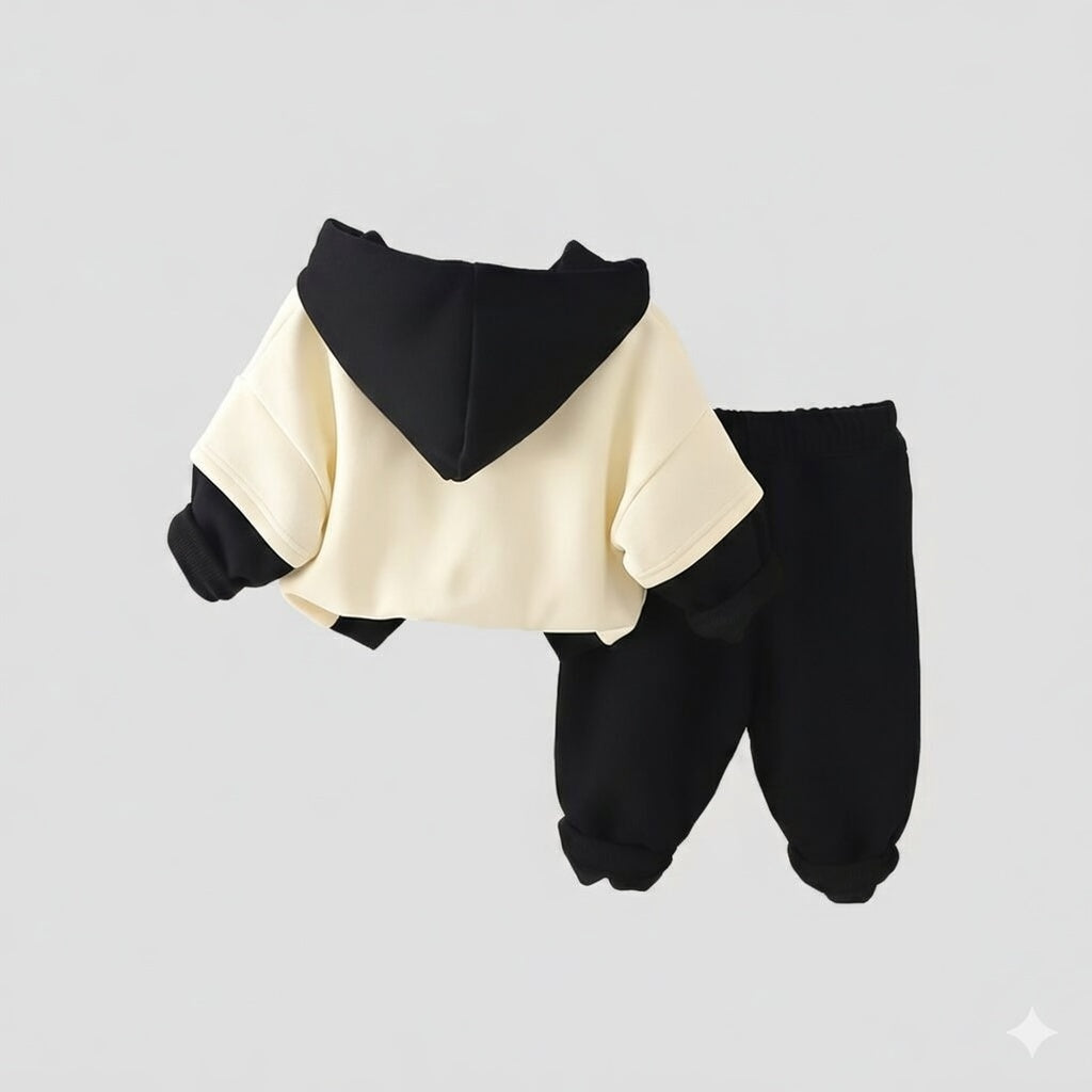 Boy's Cotton Winter Full Sleeves Black Stoned Printed Sweatshirt & Jogger Pant Set - Black