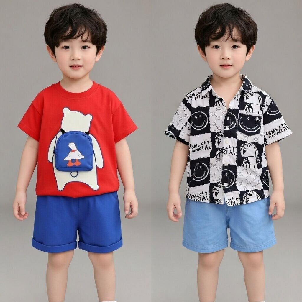Boys Cotton Half Sleeves Tee & Shorts Set Pack Of 2  - Red & Black
