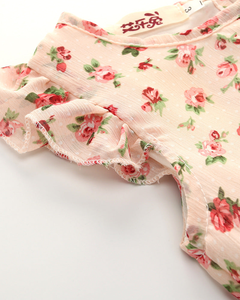 Girl's Beige Floral Top & Pants Set