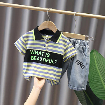 Googo Gaaga Boys "What Is Beautiful" Printed T-Shirt  With Denim Shorts In Black Colour