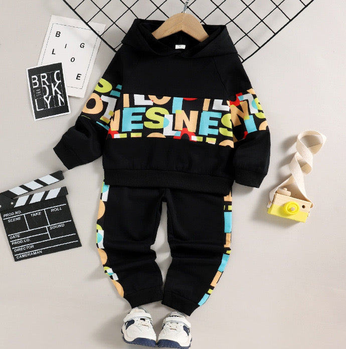 Boy's Cotton Text Printed Sweatshirt With Joggers Set - Orange & Black
