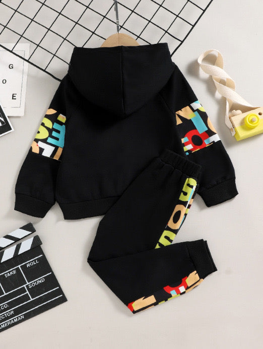 Boy's Cotton Fleece Winter Full Sleeves Text Printed Hooded Sweatshirt & Jogger Pant Set - Black