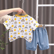 Boy's Yellow Sun Print T-Shirt & Denim Shorts Set
