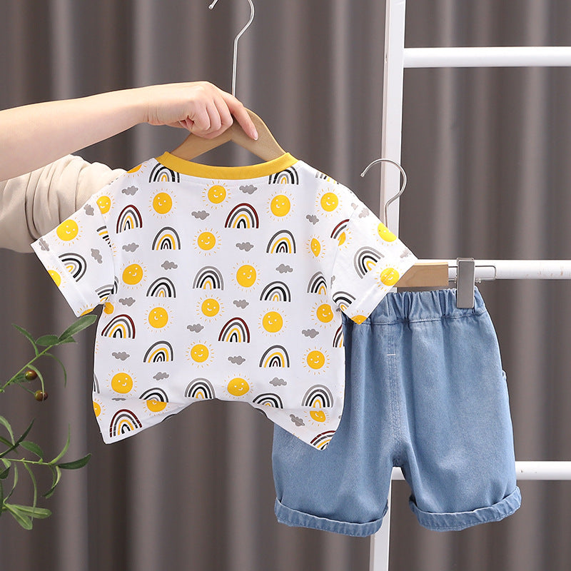 Boy's Yellow Sun Print T-Shirt & Denim Shorts Set