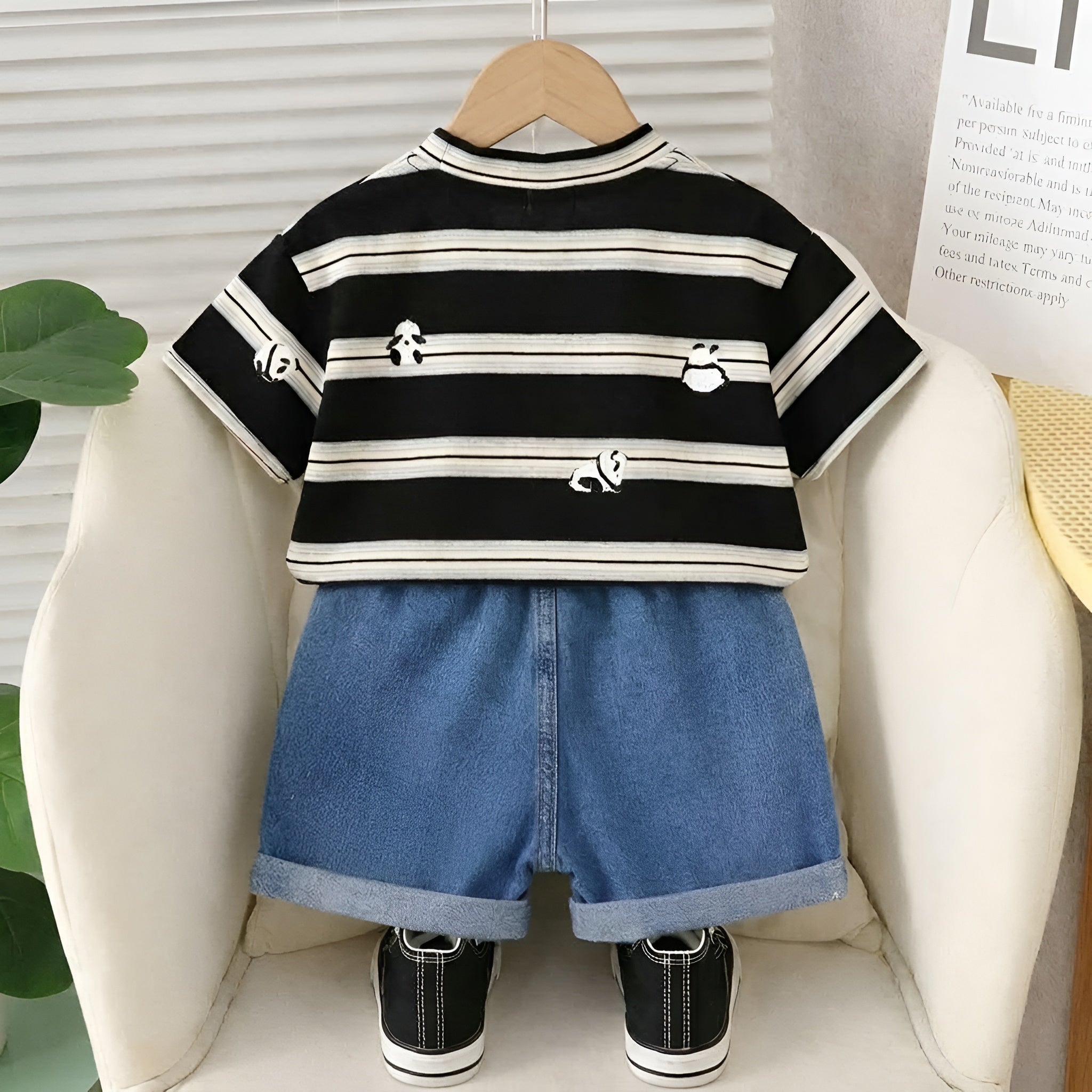 Boy's Cotton Stripes Panda Print T-Shirt & Shorts Set - Black