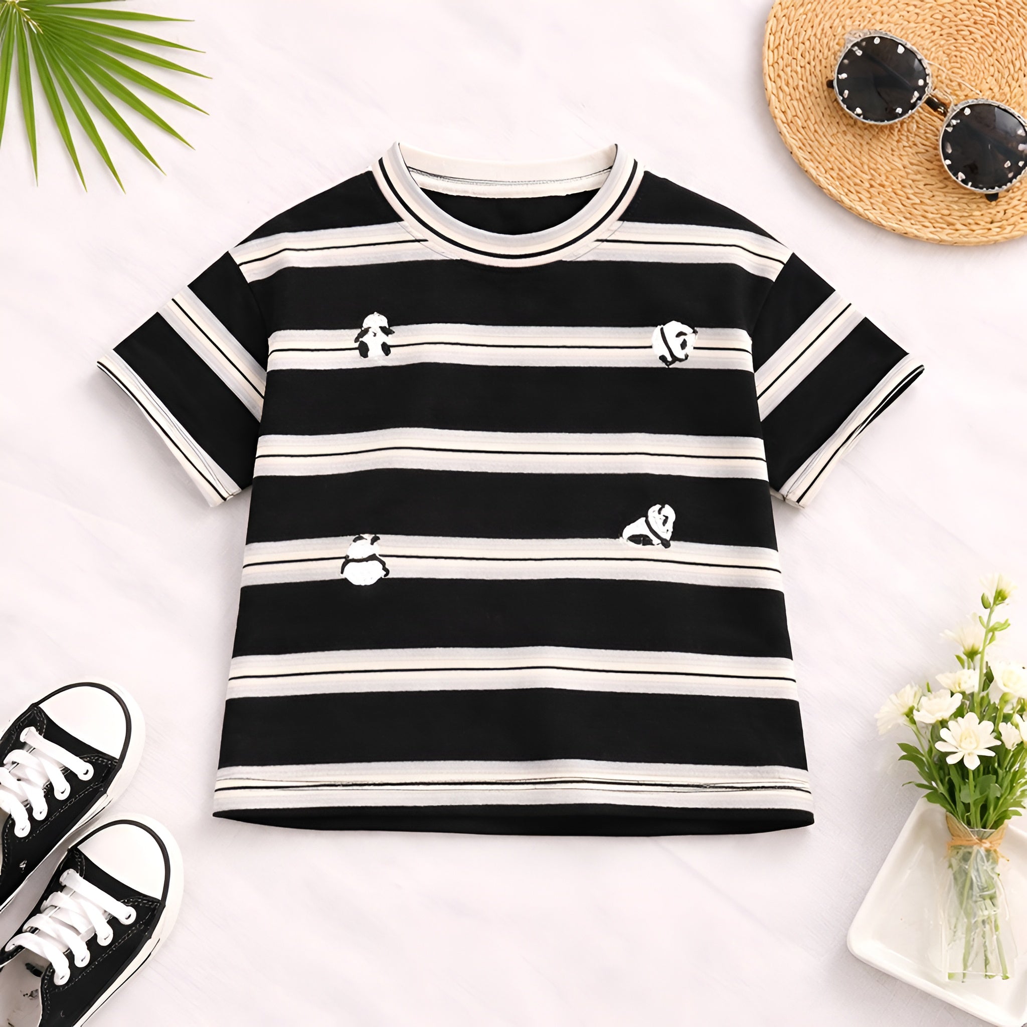 Boy's Cotton Stripes Panda Print T-Shirt & Shorts Set - Black