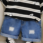 Boy's Cotton Stripes Panda Print T-Shirt & Shorts Set - Black