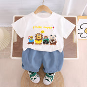 Boy's White Animals Print T-Shirt & Shorts Set