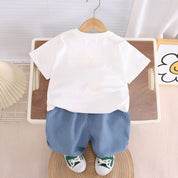 Boy's White Animals Print T-Shirt & Shorts Set