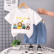 Boy's White Animals Print T-Shirt & Shorts Set