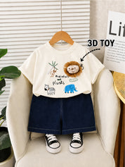 Googo Gaaga Boys Cotton Animals & Plants Printed T-Shirt & Shorts Set - Cream