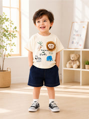 Googo Gaaga Boys Cotton Animals & Plants Printed T-Shirt & Shorts Set - Cream