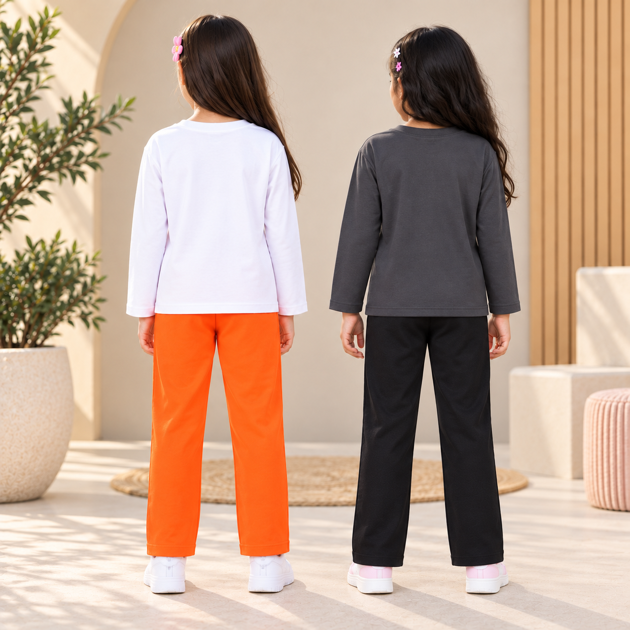 Googo Gaaga Girls Car & Jeep Printed Full Sleeve T-Shirt and Pyjama Co-Ord Sets – Pack of 2 (White Orange & Grey Black)