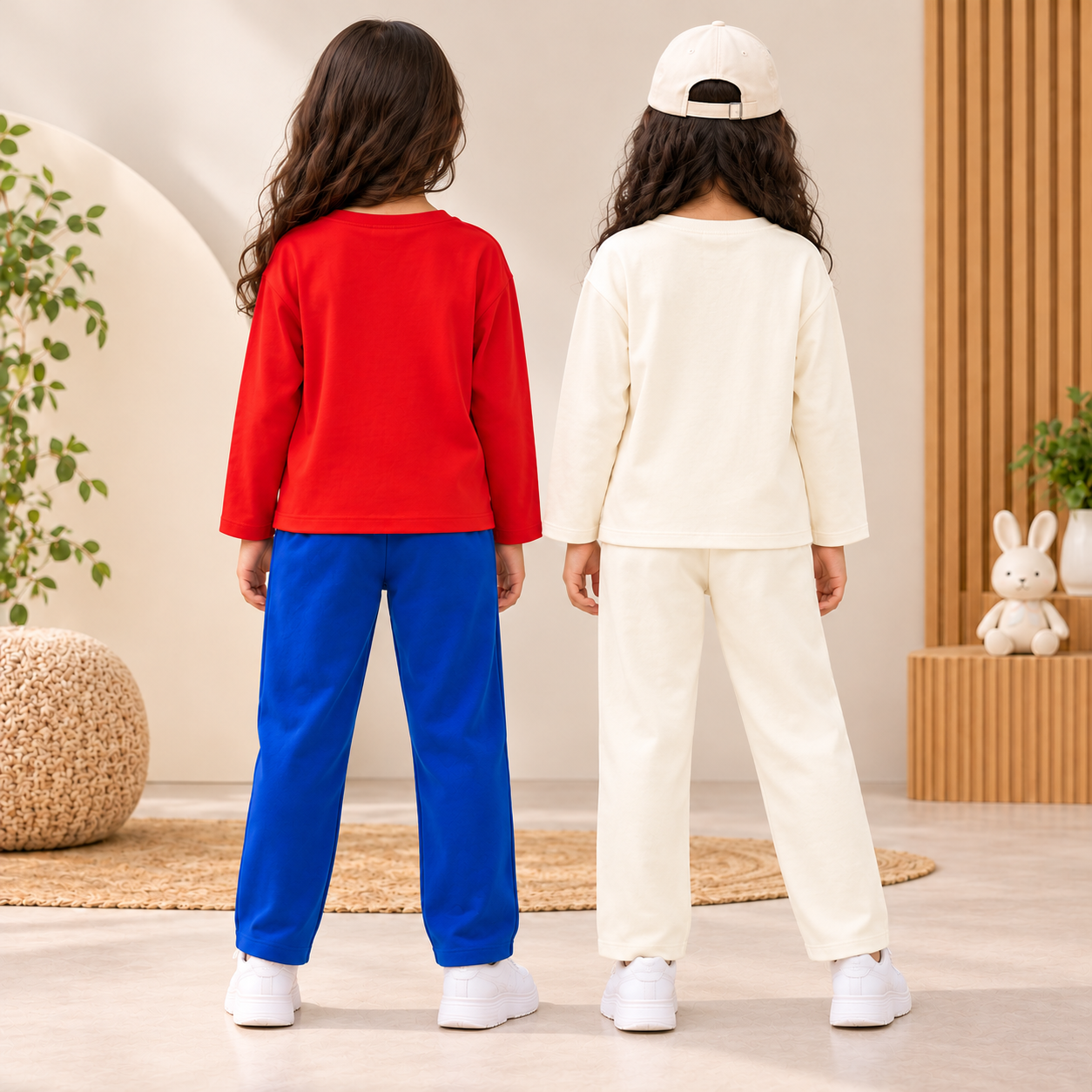 Googo Gaaga Girls Teddy Bear & Adventure Printed Full Sleeve T-Shirt and Pyjama Co-Ord Sets – Pack of 2 (Red Blue & Cream)