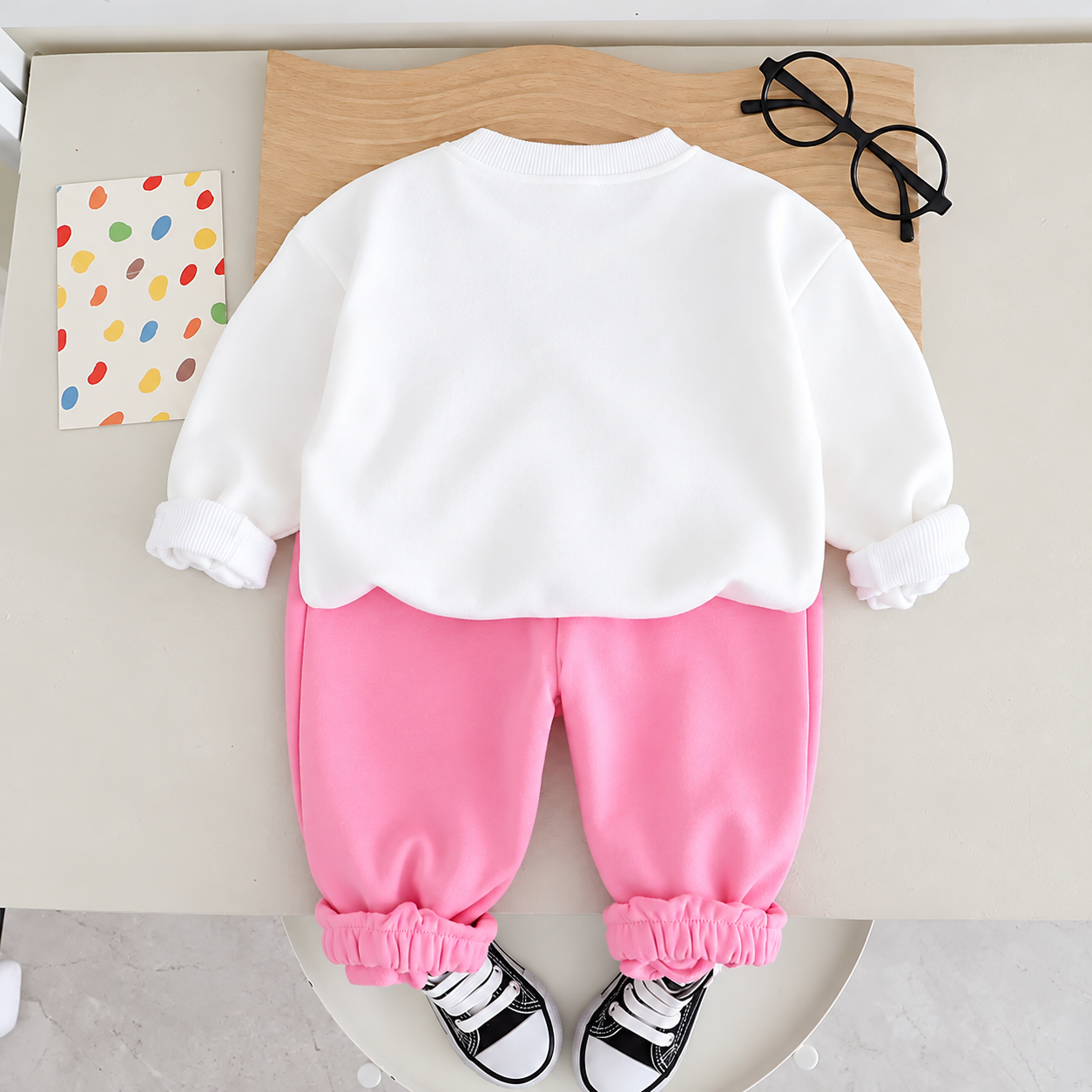Googo Gaaga Girls Happy and Love Teddy Bear Printed Full Sleeve Sweatshirt with Pink Jogger Pants Co-Ord Set – White & Pink