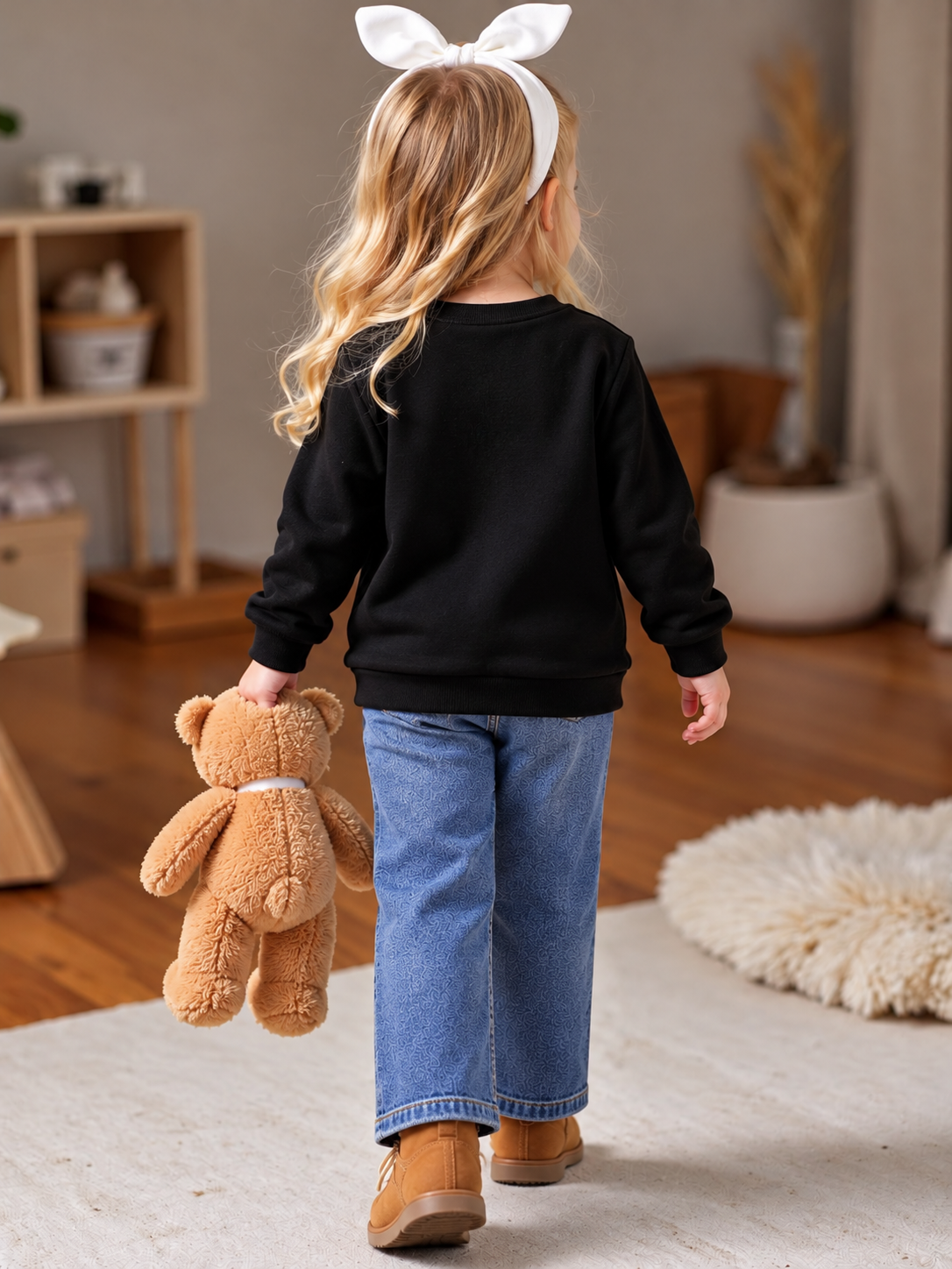 Googo Gaaga Girls Pretty Bow Detailed Full Sleeve Sweatshirt with Blue Denim Wide Leg Jeans Set – Black & Blue