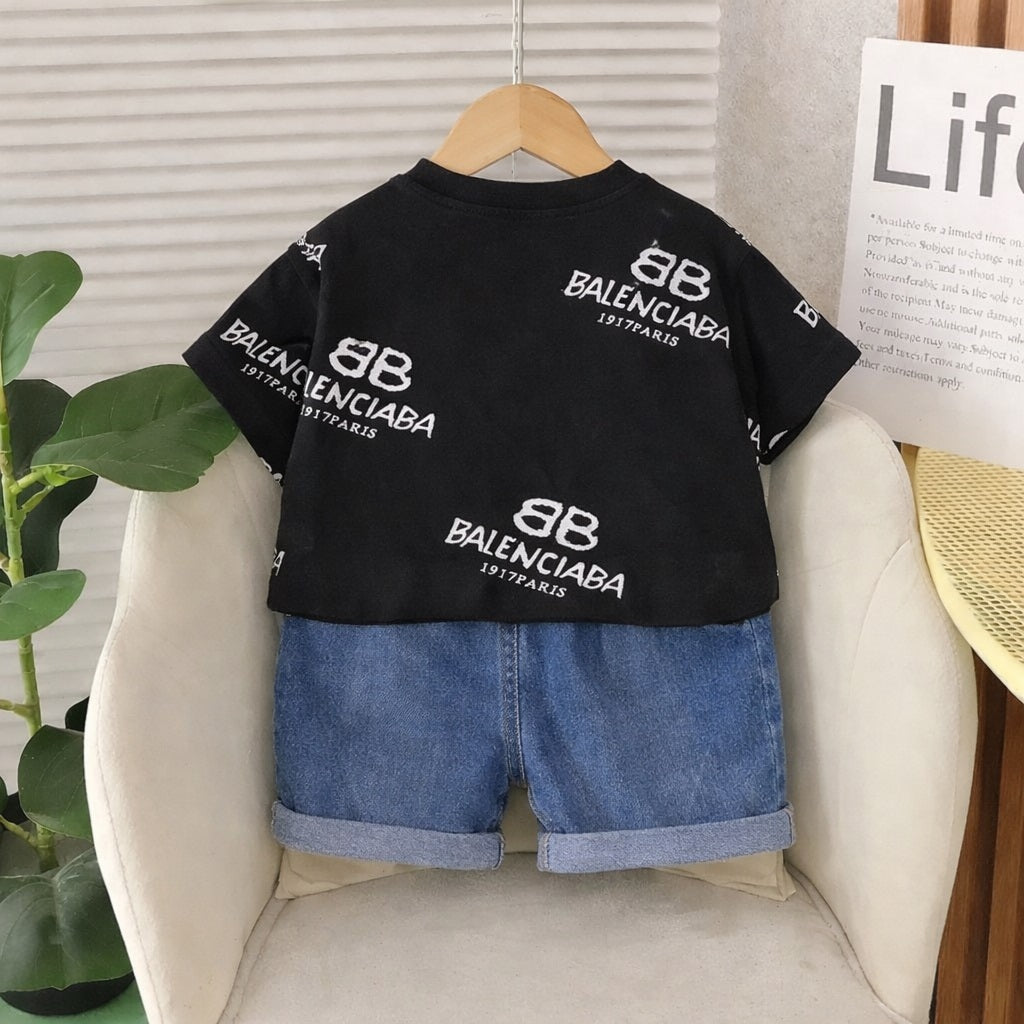 Boys Cotton Half Sleeves Tee & Shorts Set Pack of 2  - Black Balenciaga & Blue Street Teddy
